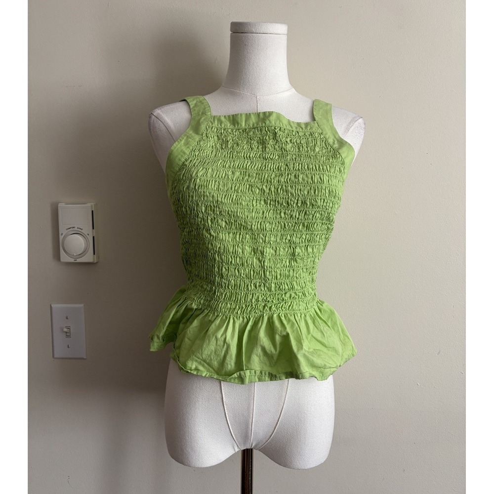 Free People Size Medium Square Neck Top Tie Back Bright Green Spring Boho Hippie